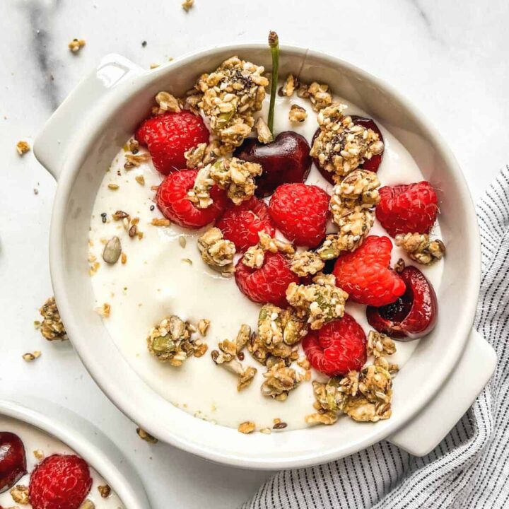 Whipped cottage cheese topped with berries and granola.