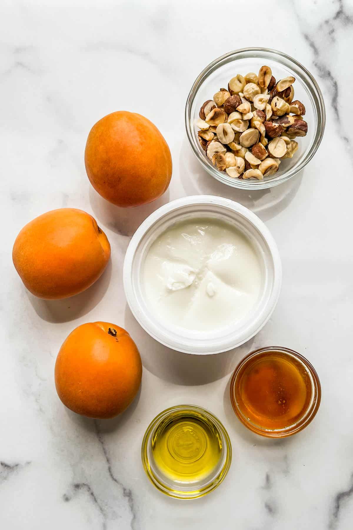 Apricots, hazelnuts, yogurt, honey, and olive oil.