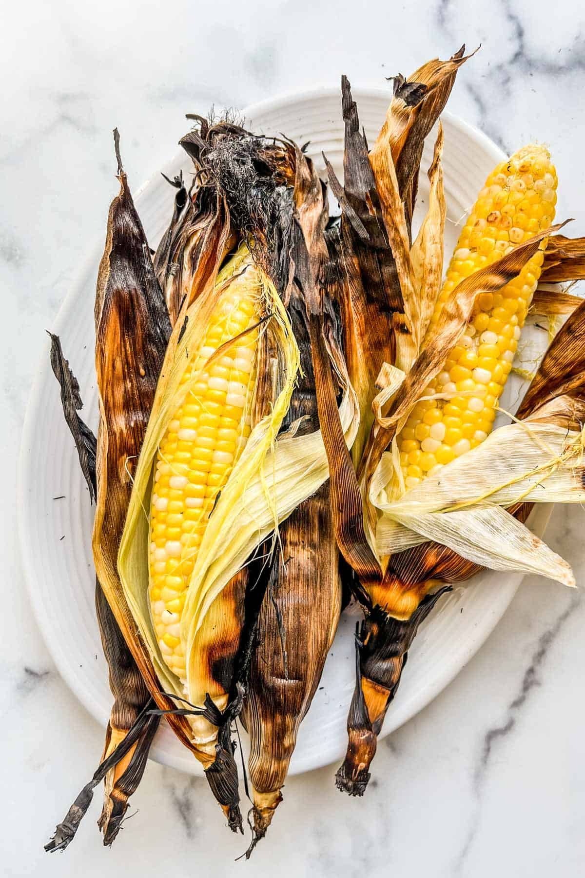 Grilled corn in the husk on a white platter.