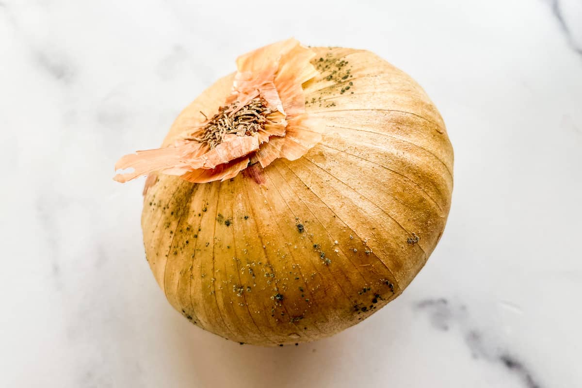 A yellow onion with mold.