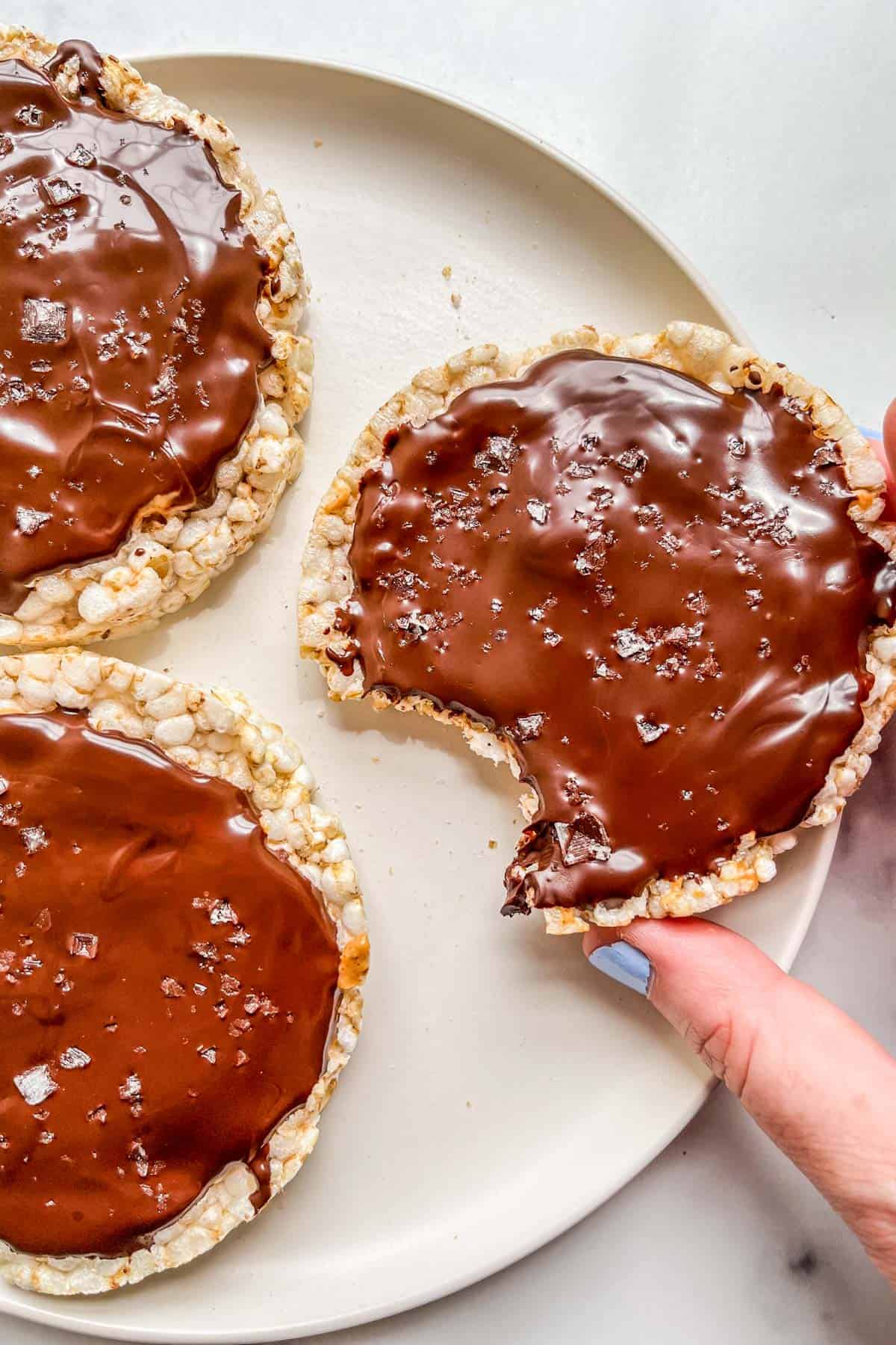 Peanut butter cup rice cakes on a plate.