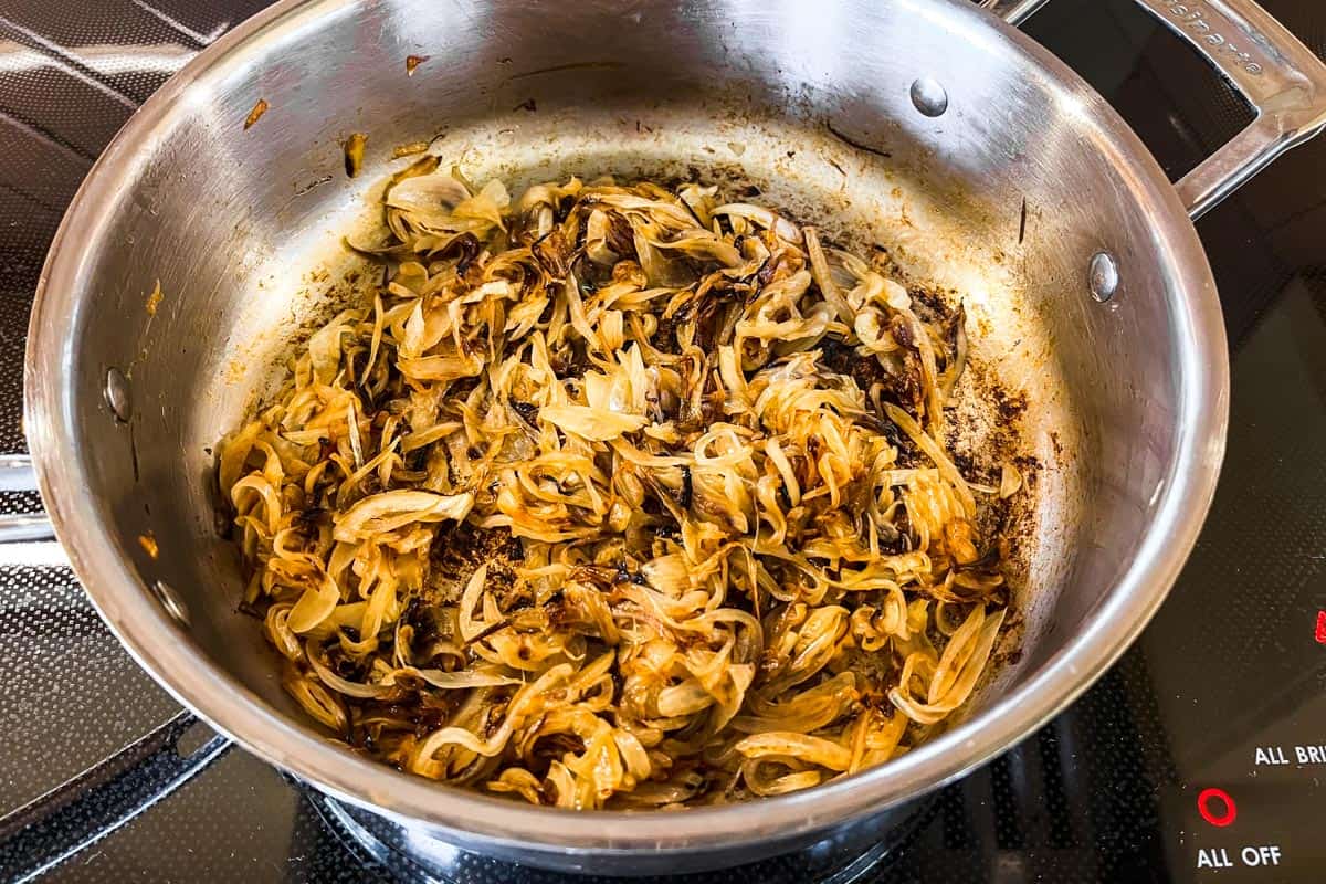 Caramelized onions in a pan.