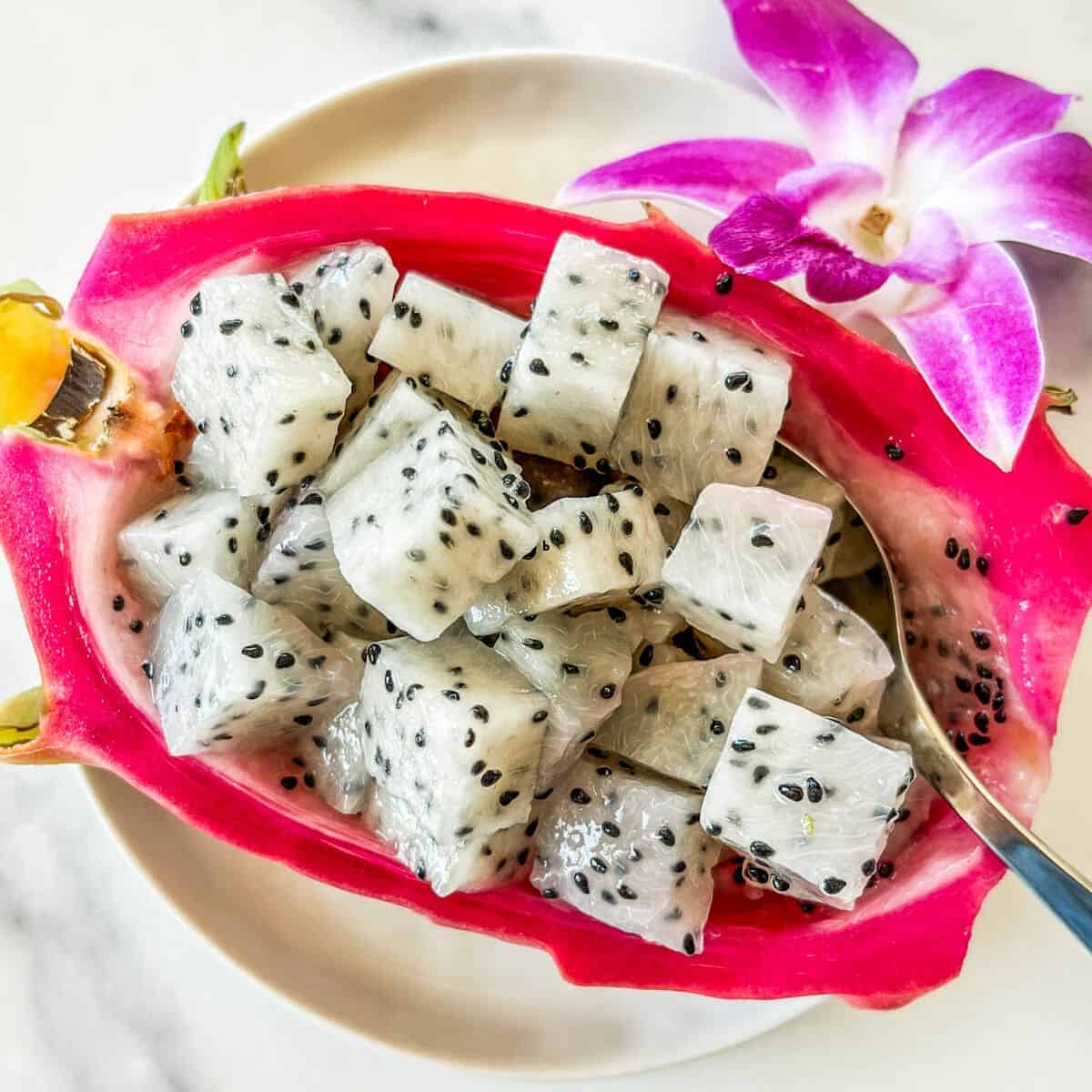 Dragon fruit cubes in a pink dragon fruit skin.