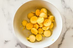Hard-boiled egg yolks in a bowl.
