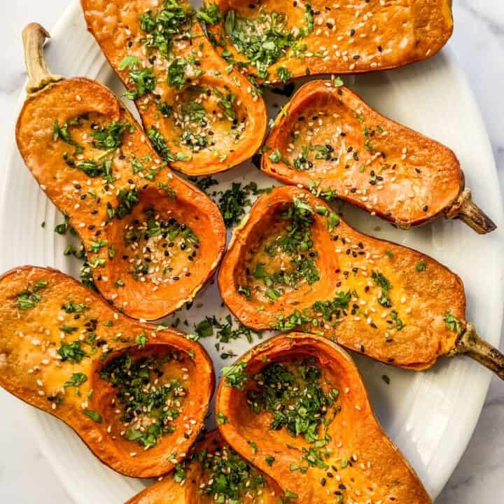 Roasted honeynut squash topped with miso and maple.