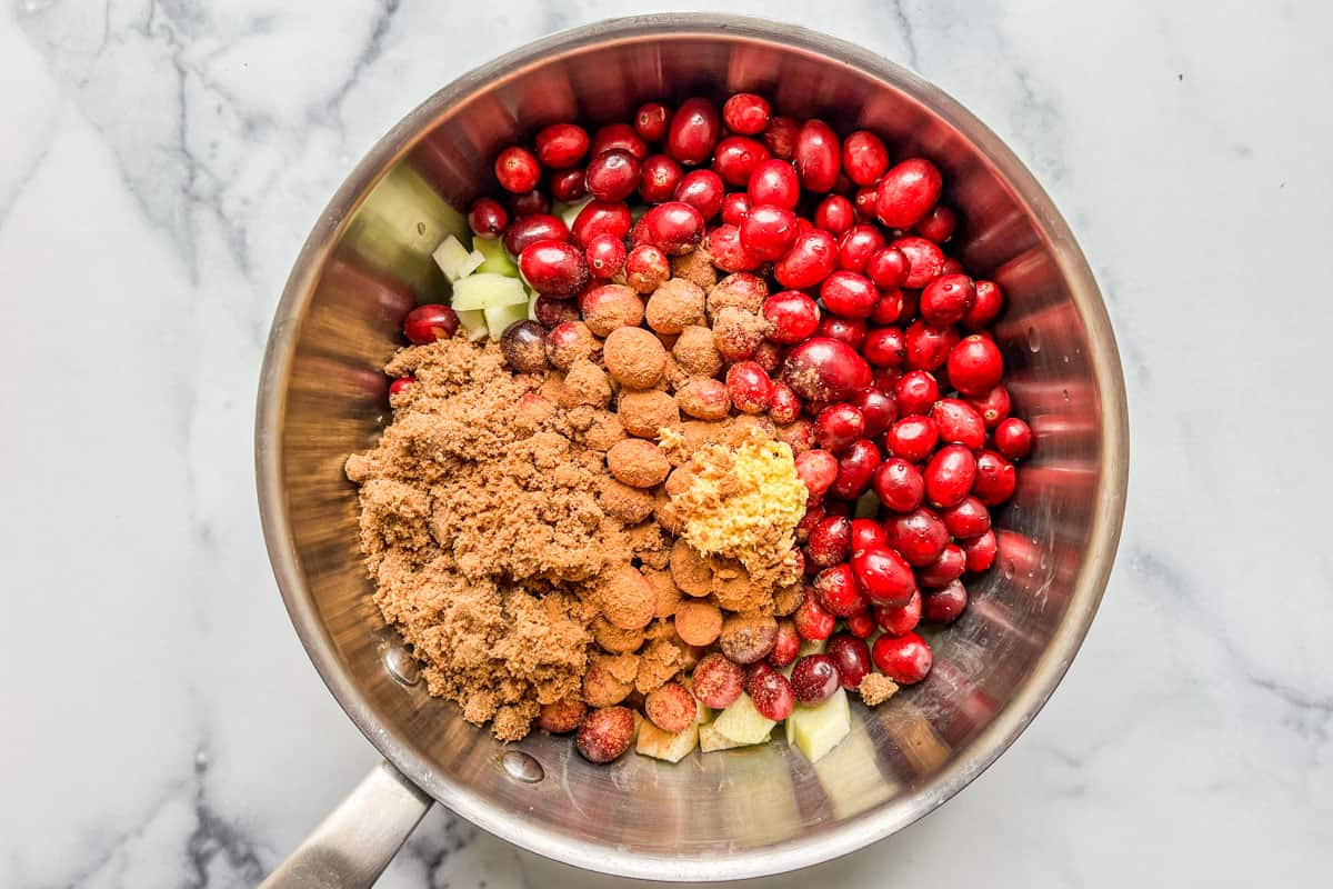 Cranberries, diced apples, brown sugar, ginger, cinnamon, and white grape juice in a pot.