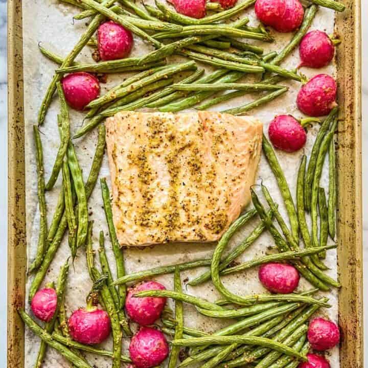 Sheet pan salmon with radishes and green beans.