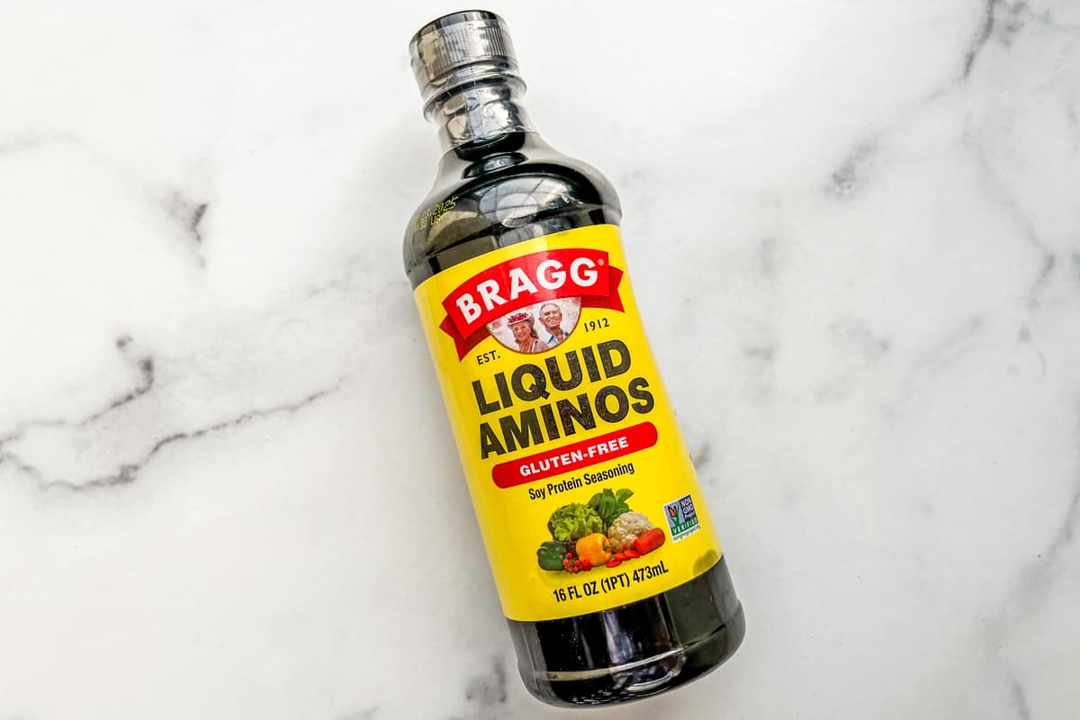 A bottle of liquid aminos.