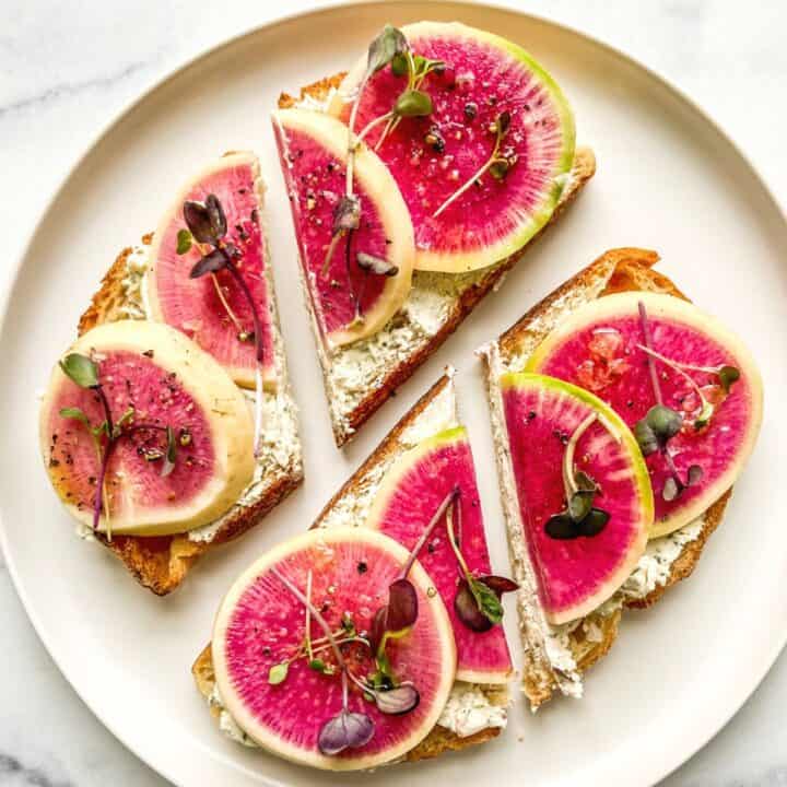 Two pieces of watermelon radish toast.