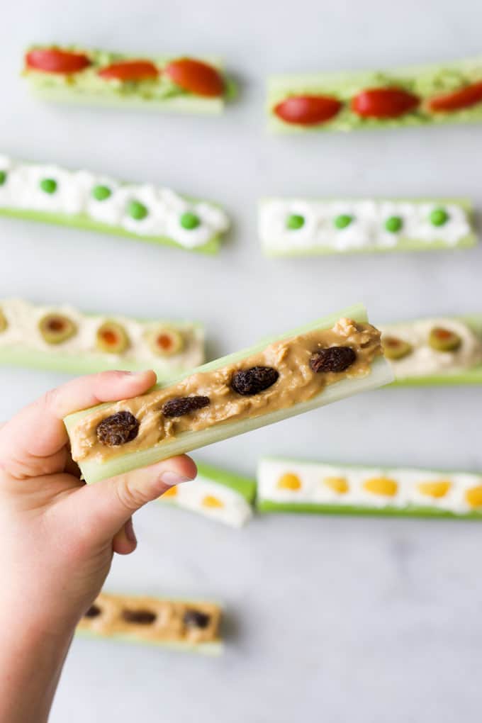 Celery sticks with peanut butter and raisins.