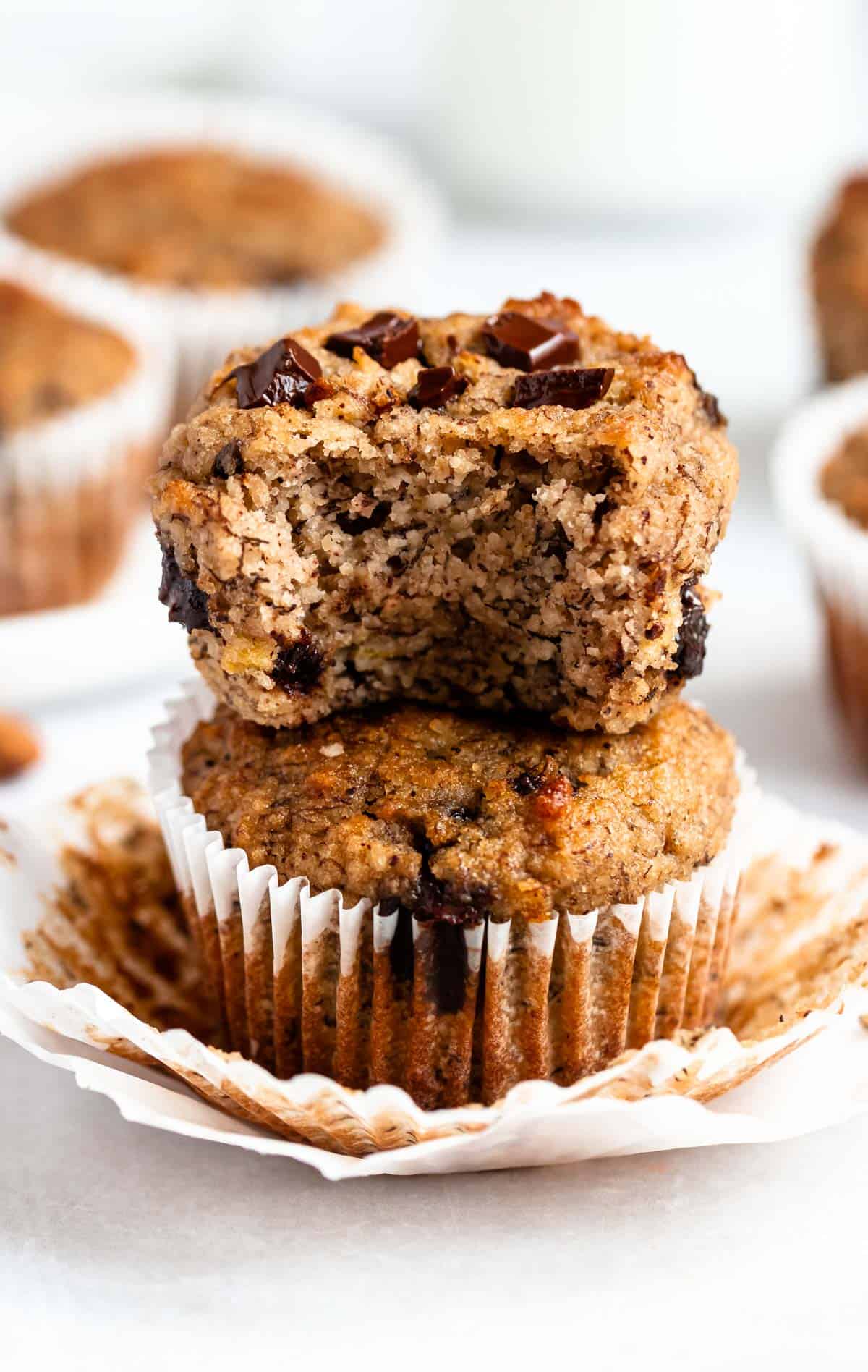 Almond flour banana muffins stacked.