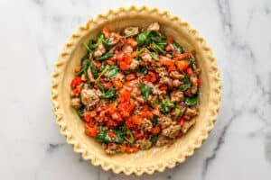 Sausage, onion, bell pepper, and spinach mixture in an uncooked pie crust.