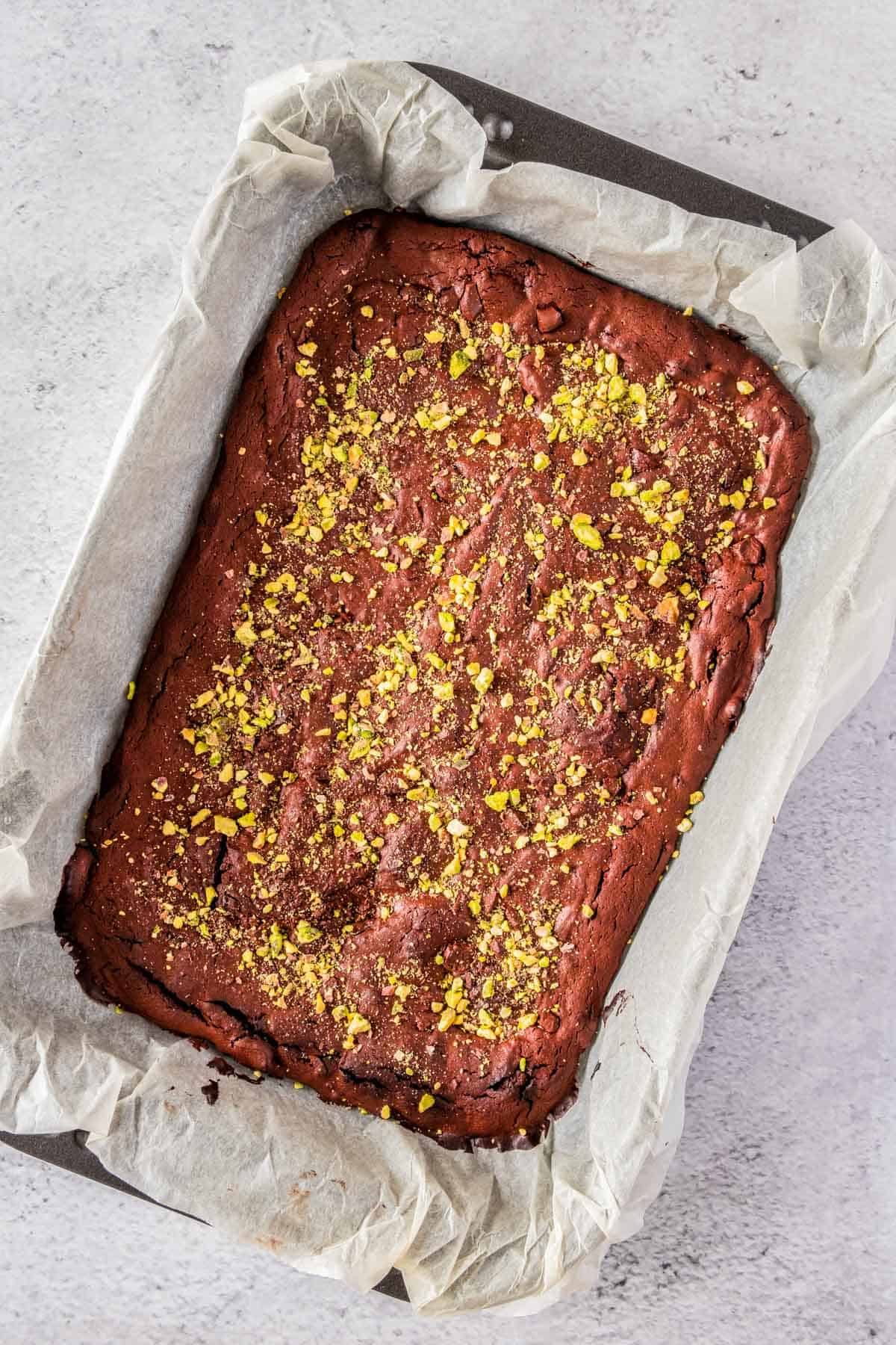 A pan of baked brownies.