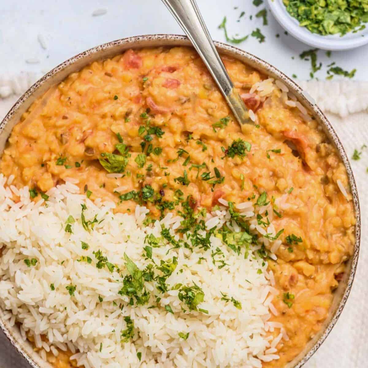 Red lentil dal with white rice in a bowl.