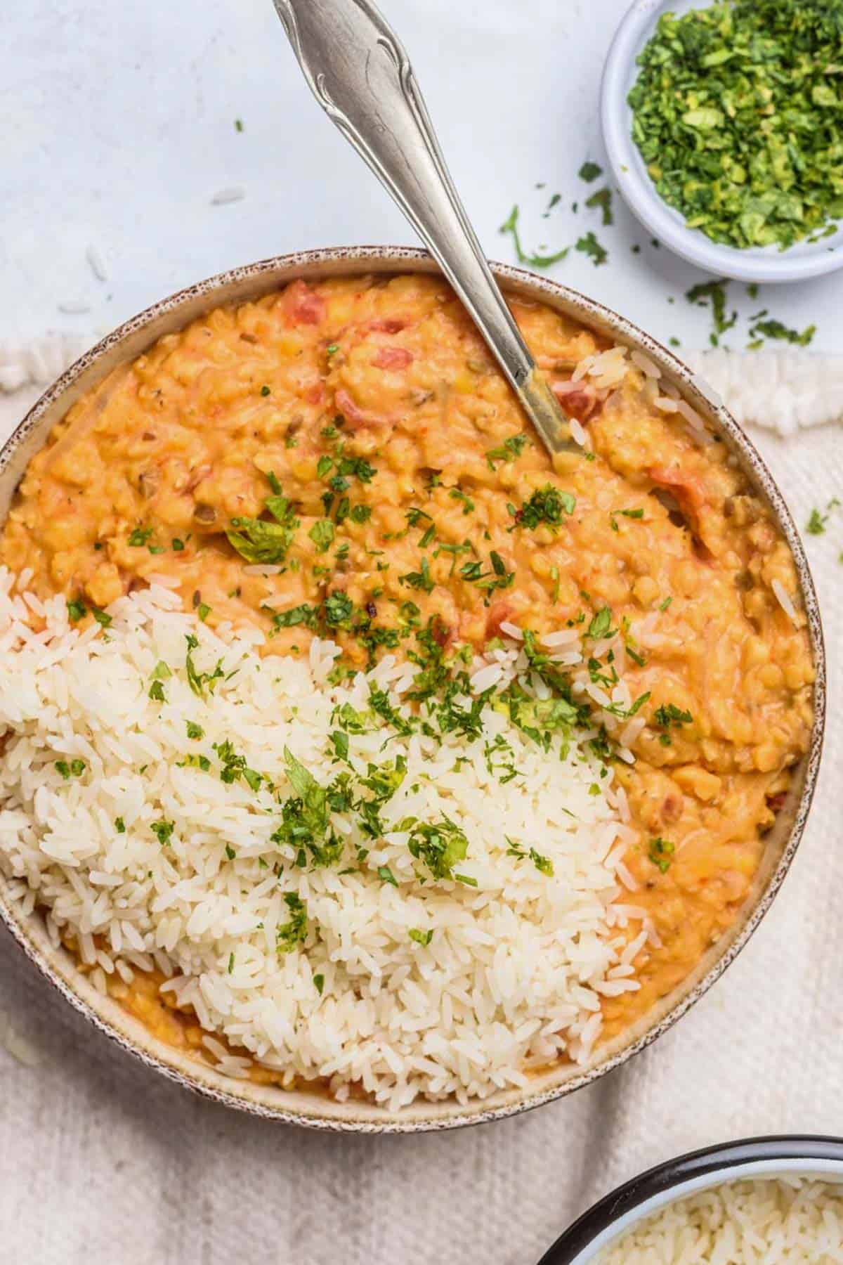 Red lentil dal with white rice in a bowl with a spoon.