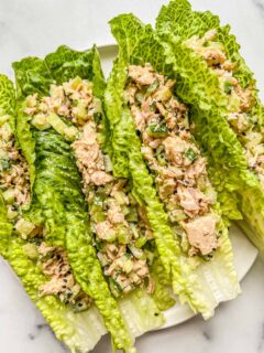 Tuna salad lettuce wraps on a plate.