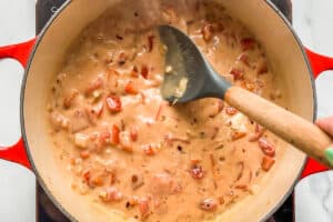 Vegetables, coconut milk, and tomatoes in a pot.