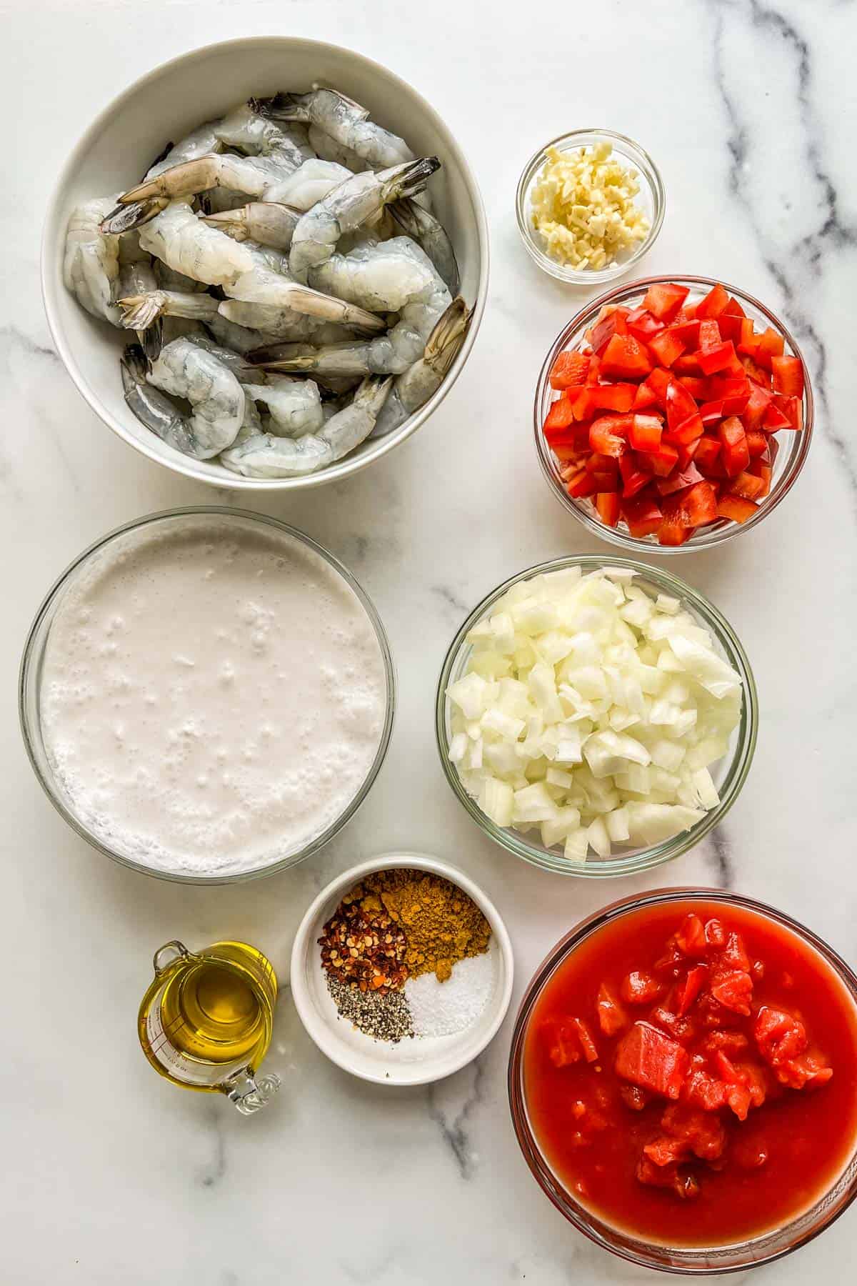 Ingredients for coconut shrimp curry.