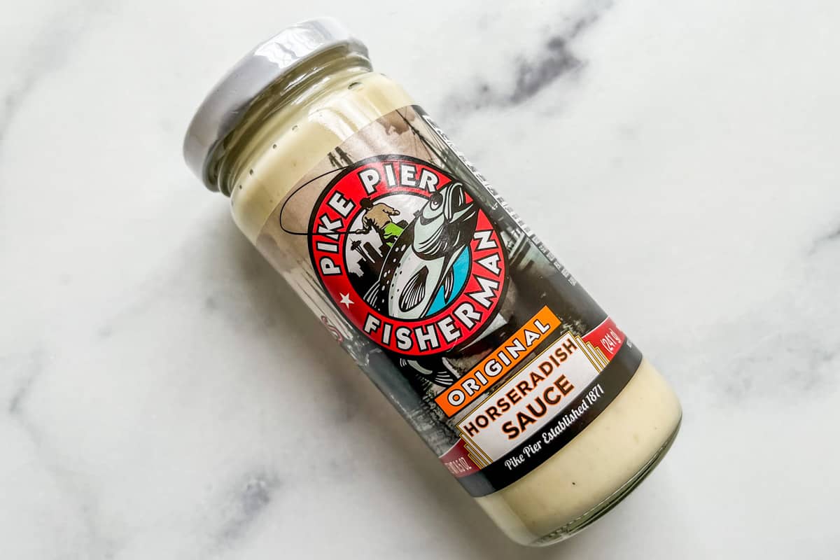 A bottle of horseradish sauce.