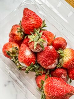 A plastic container of rotten strawberries.