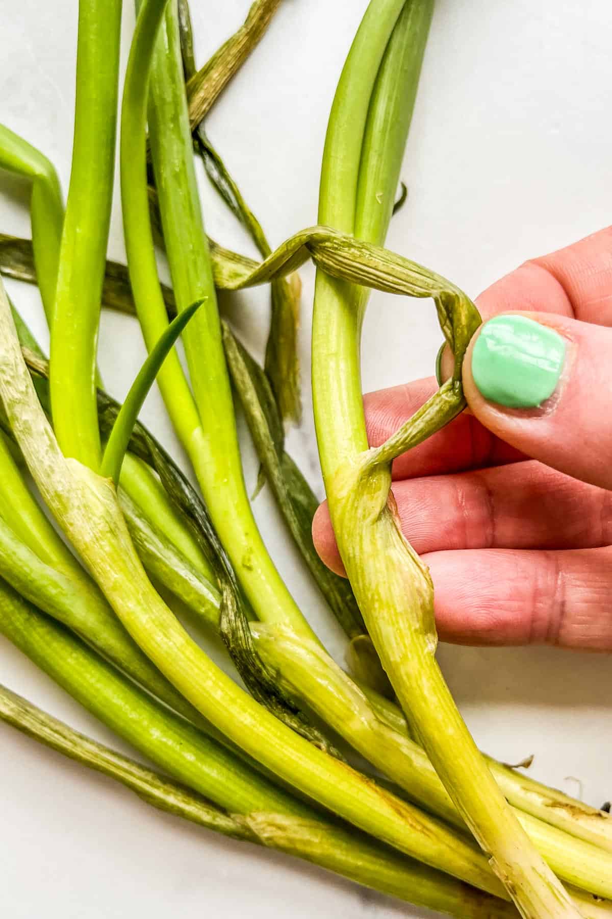 Scallions with dried leaves.