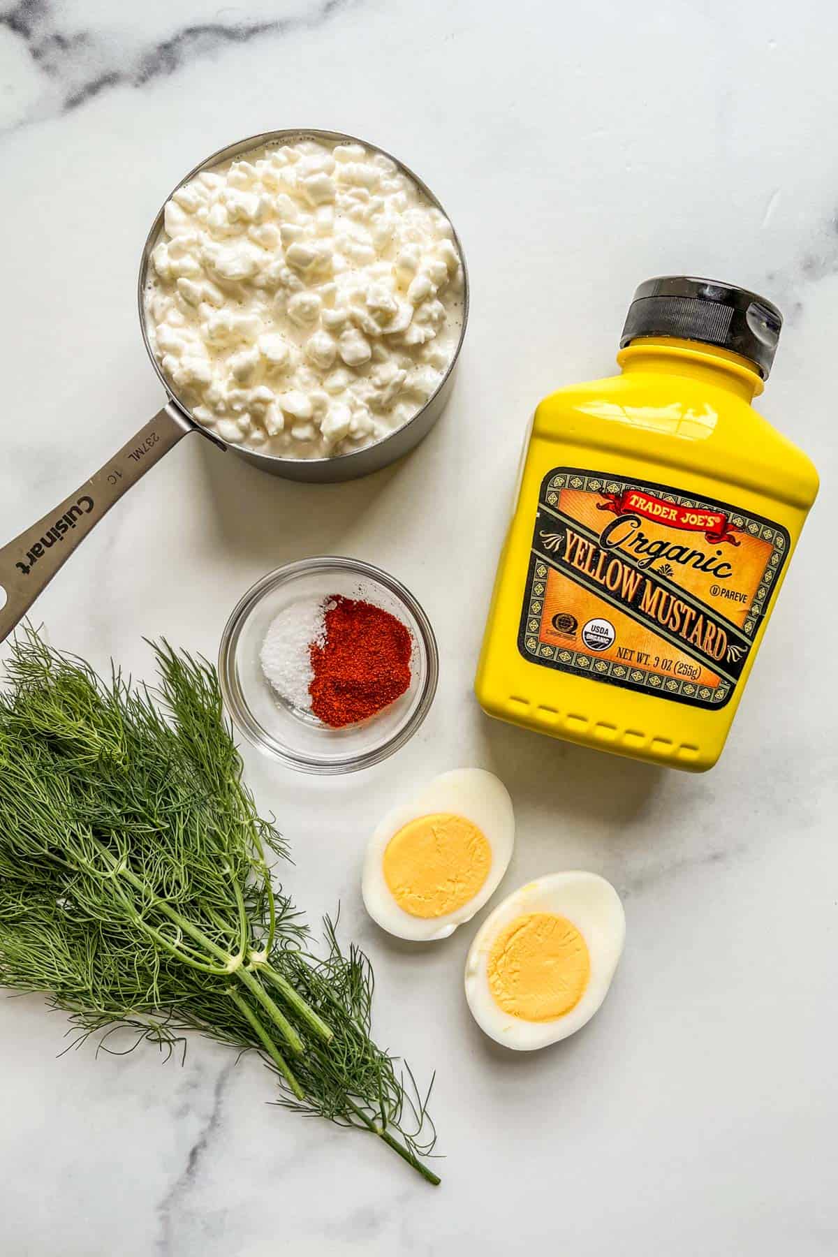 Ingredients for a mustard cottage cheese dip.