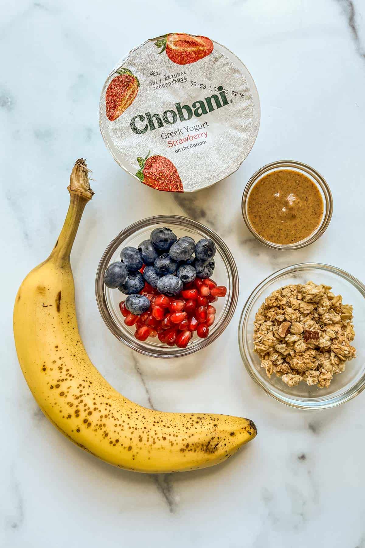 Ingredients for a healthy banana split.