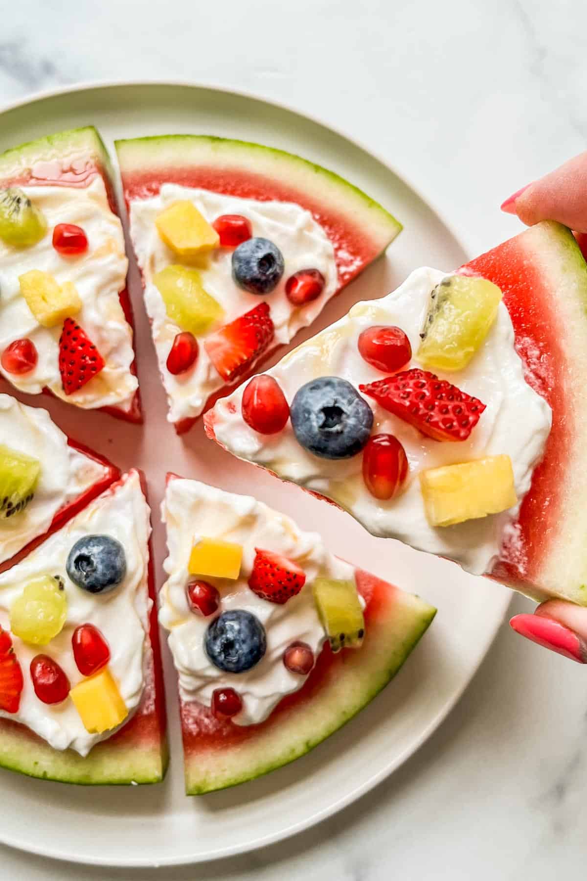 An overhead shot of watermelon pizza.