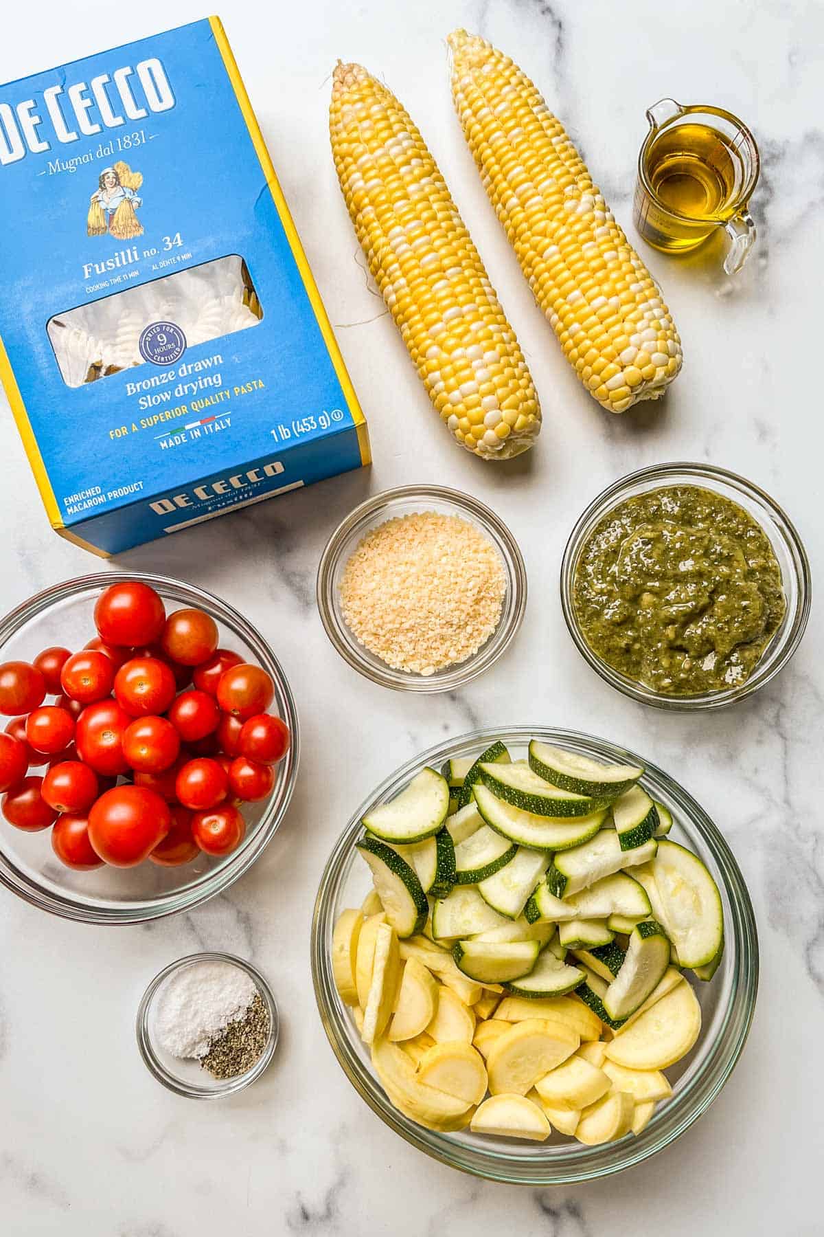Ingredients for pesto pasta salad.