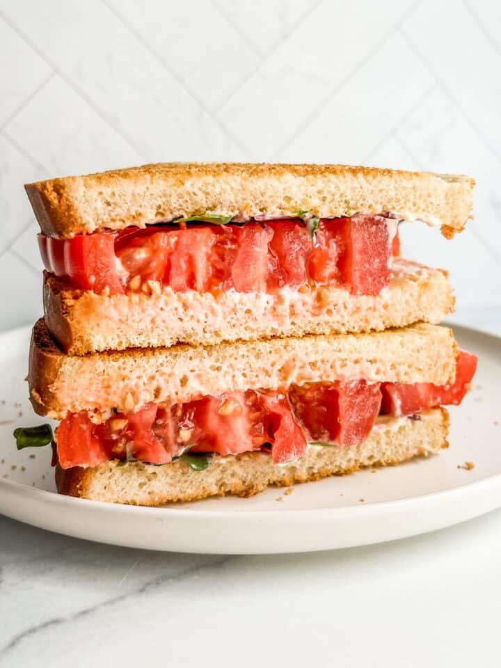 A tomato sandwich on a white plate.