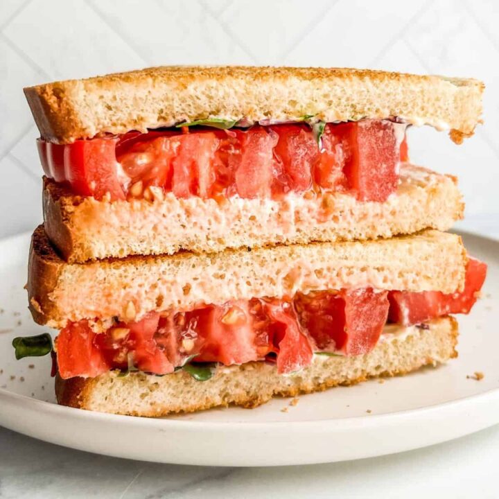 A tomato sandwich on a white plate.