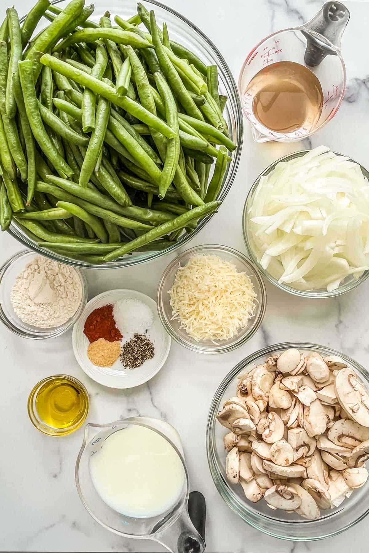 Ingredients for a fresh green bean casserole.