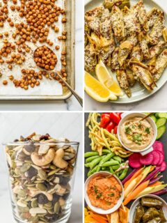 Graphic with four photos of healthy snack recipes.