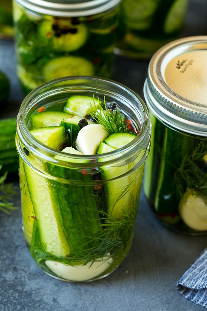 Refrigerator pickles in a mason jar.