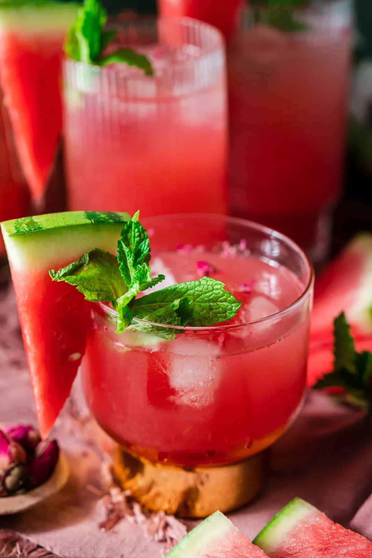 Several glasses of rose watermelon cooler.