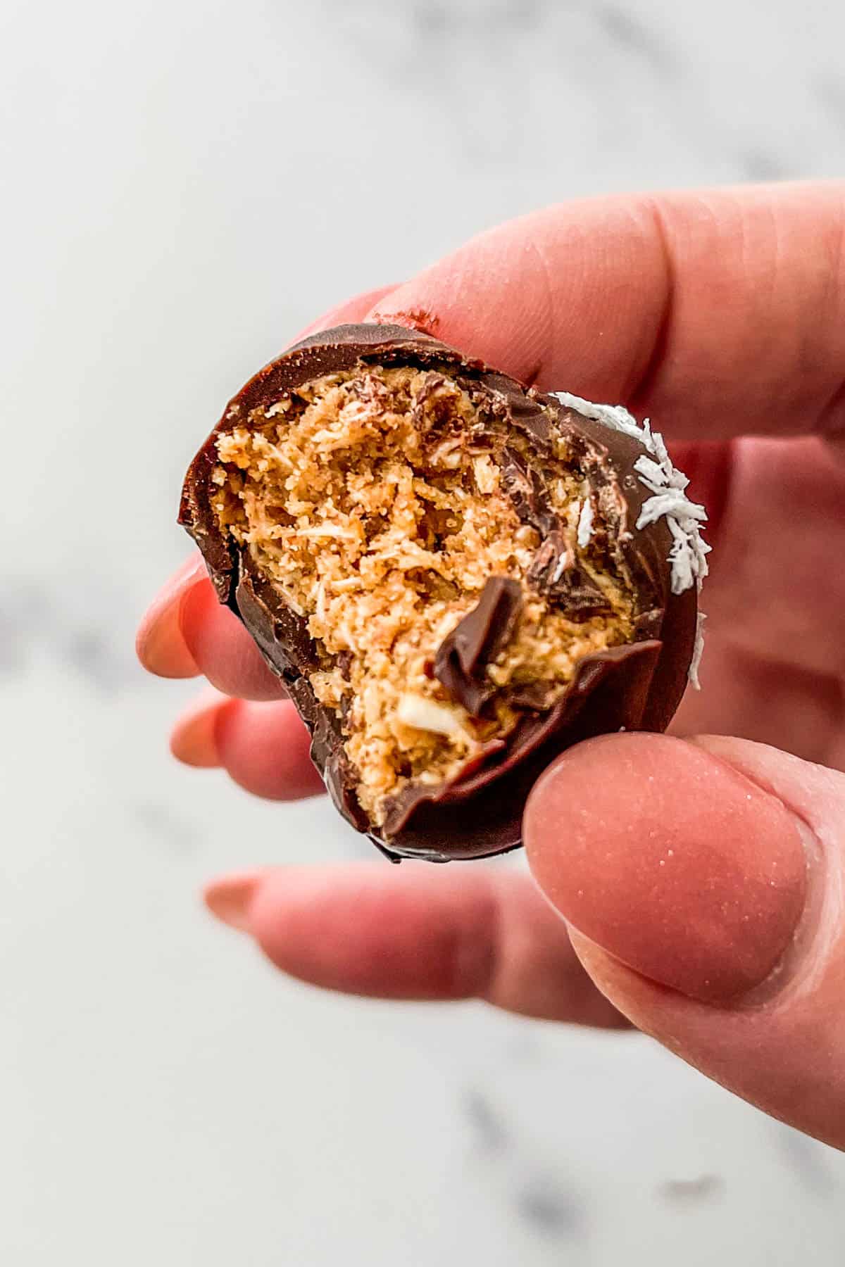 A hand holding a dark chocolate coconut ball with a bite taken out of it.