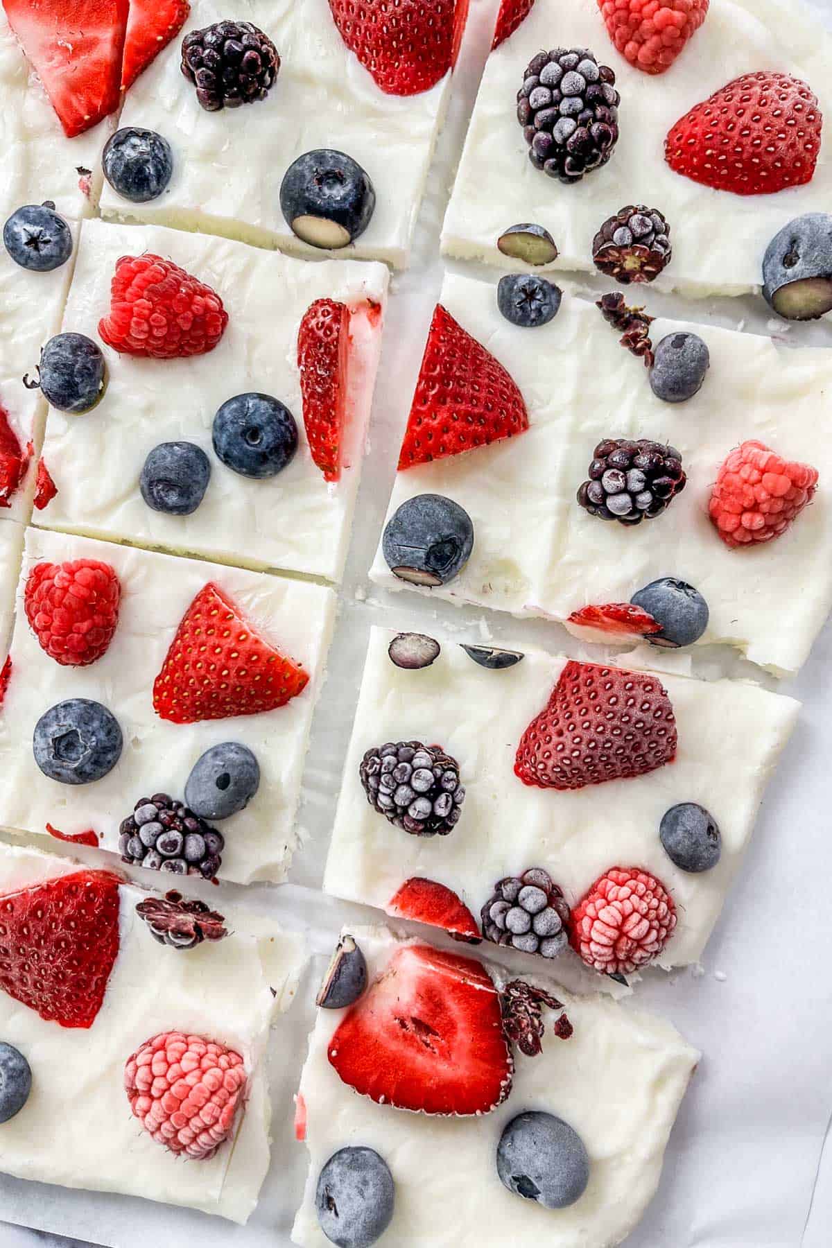 Frozen yogurt bark with mixed berries.