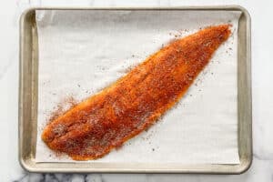 A large trout fillet covered in spices.