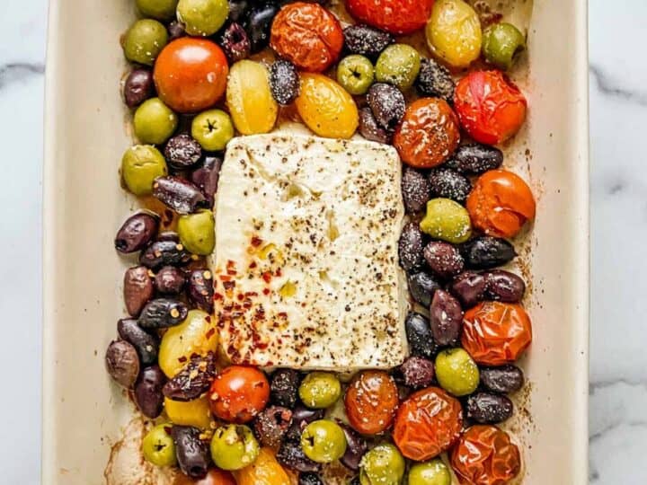 Mediterranean baked feta cheese dip with tomatoes and olives food blog