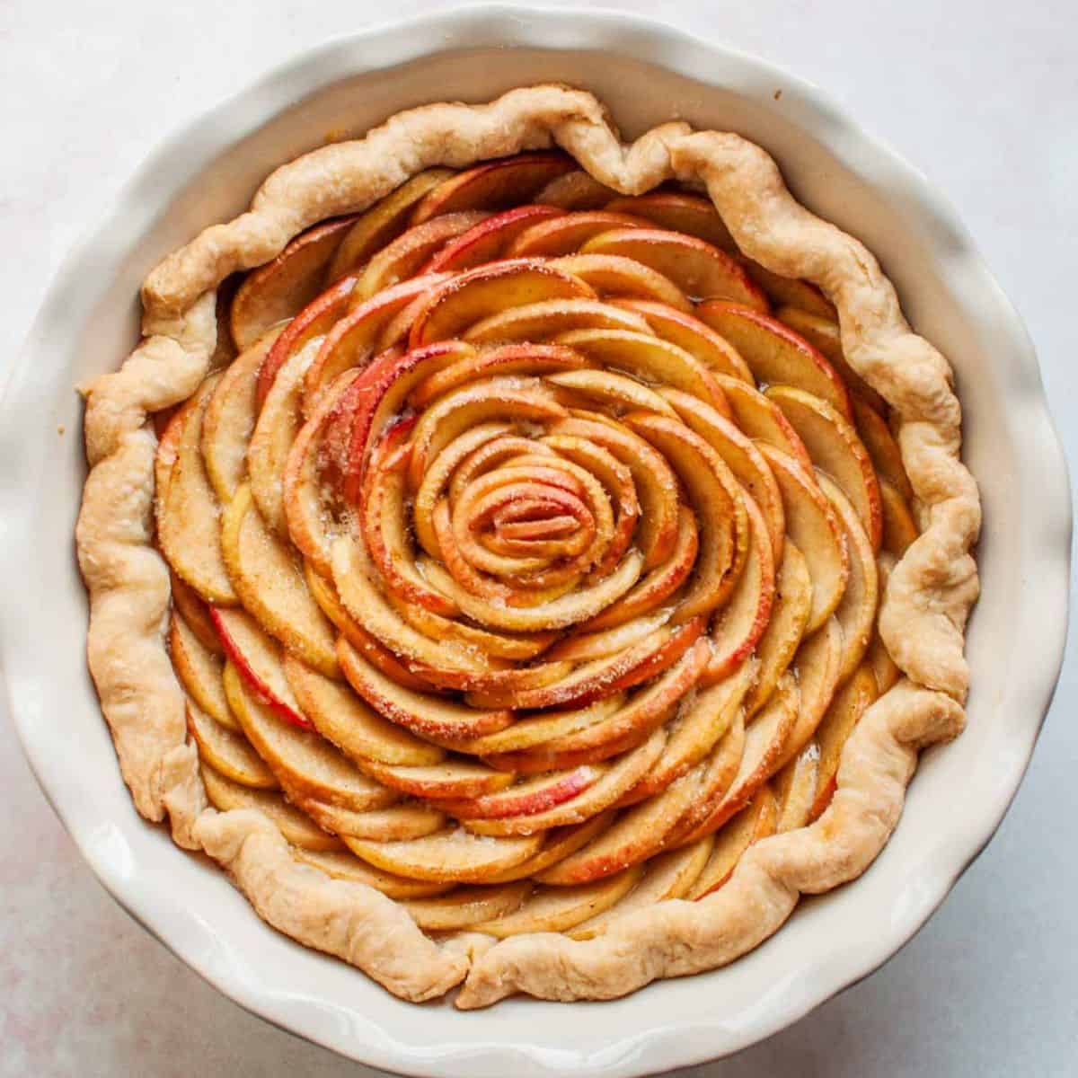 Rose apple tart in a white pie plate.