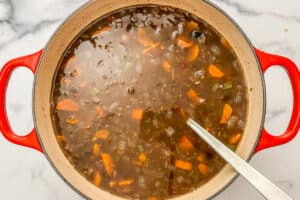 A pot of black bean soup with a ladle.