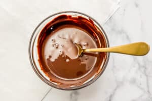 Melted chocolate chips in a glass bowl with a gold spoon.