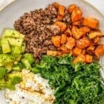 Hot honey sweet potato cottage cheese ground beef bowl pin graphic.