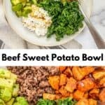 Hot honey sweet potato cottage cheese ground beef bowl pin graphic.