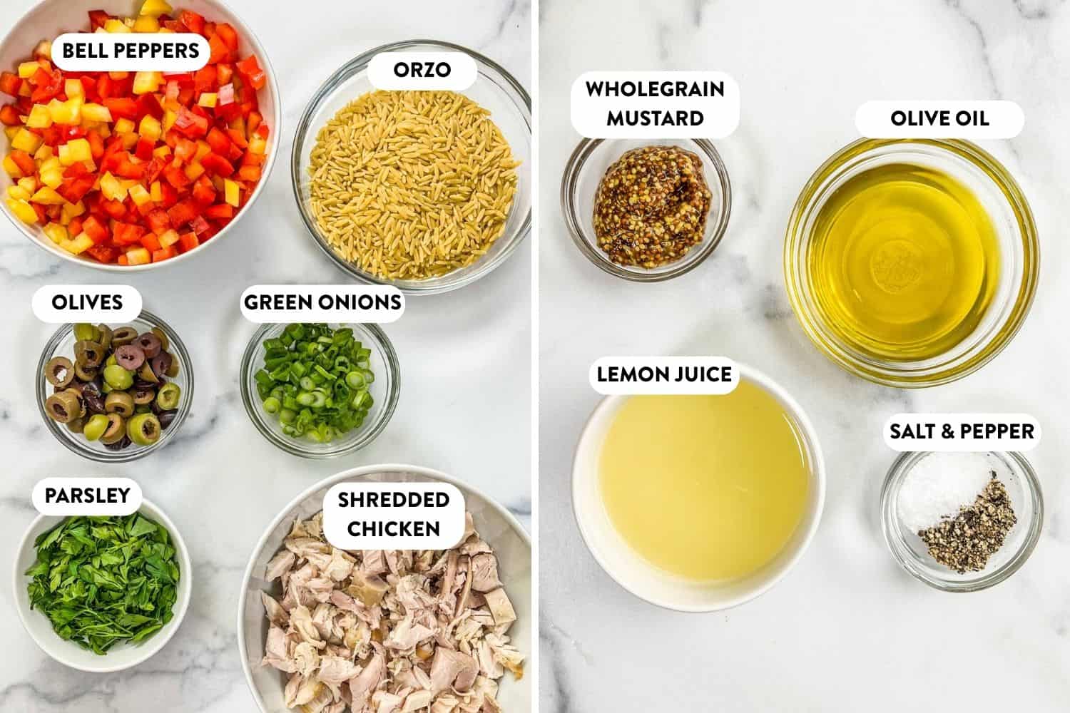 Mediterranean orzo salad ingredients in bowls.
