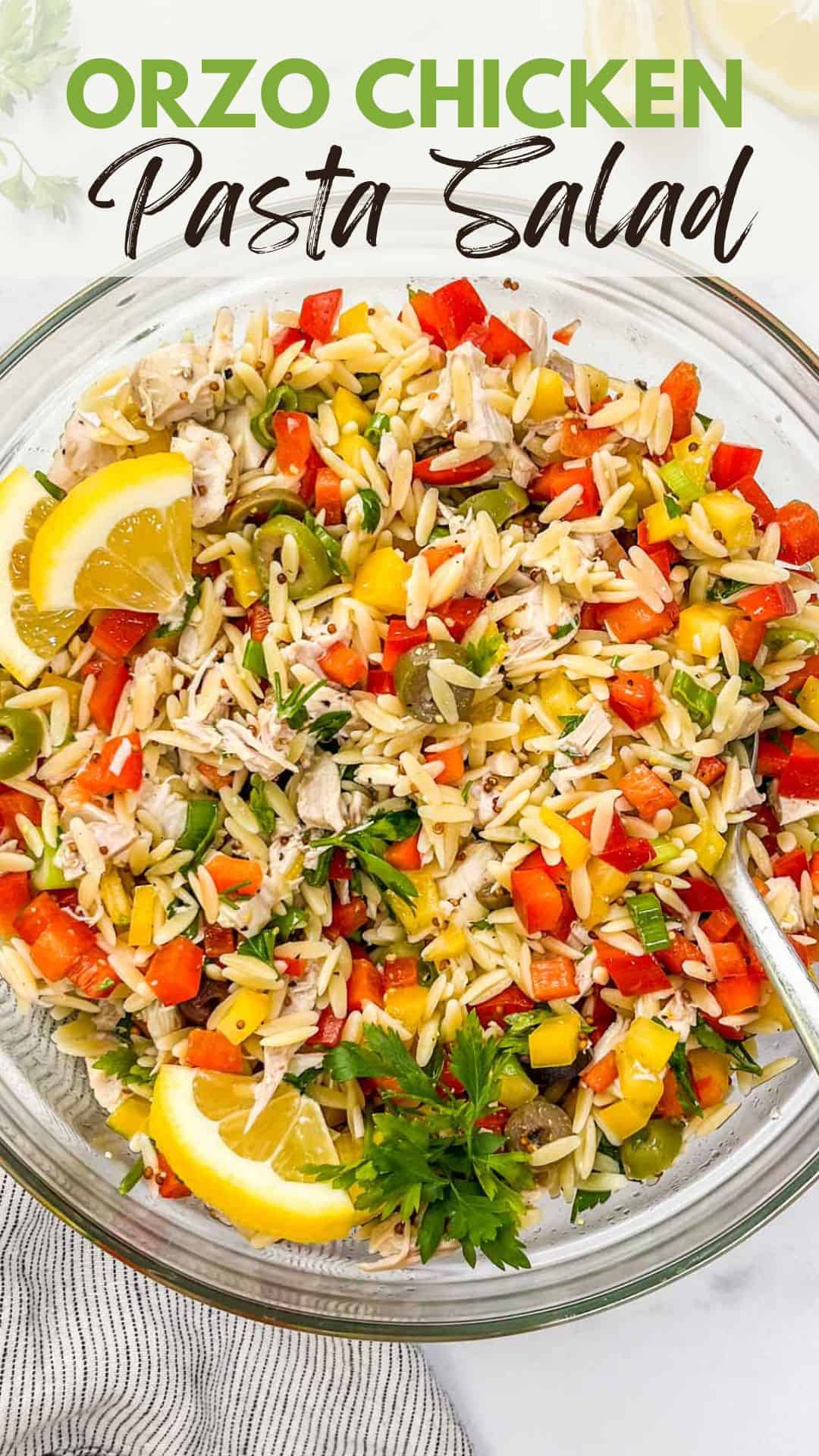 Orzo chicken pasta salad pin graphic.