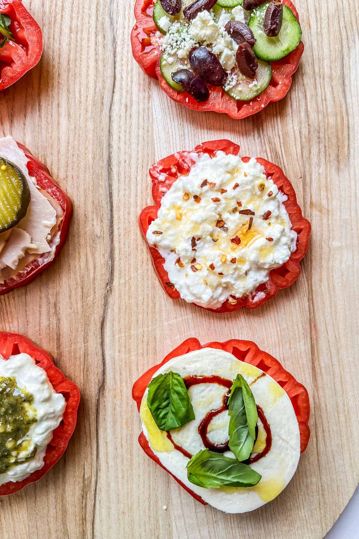 Closeup of an heirloom tomato flight.