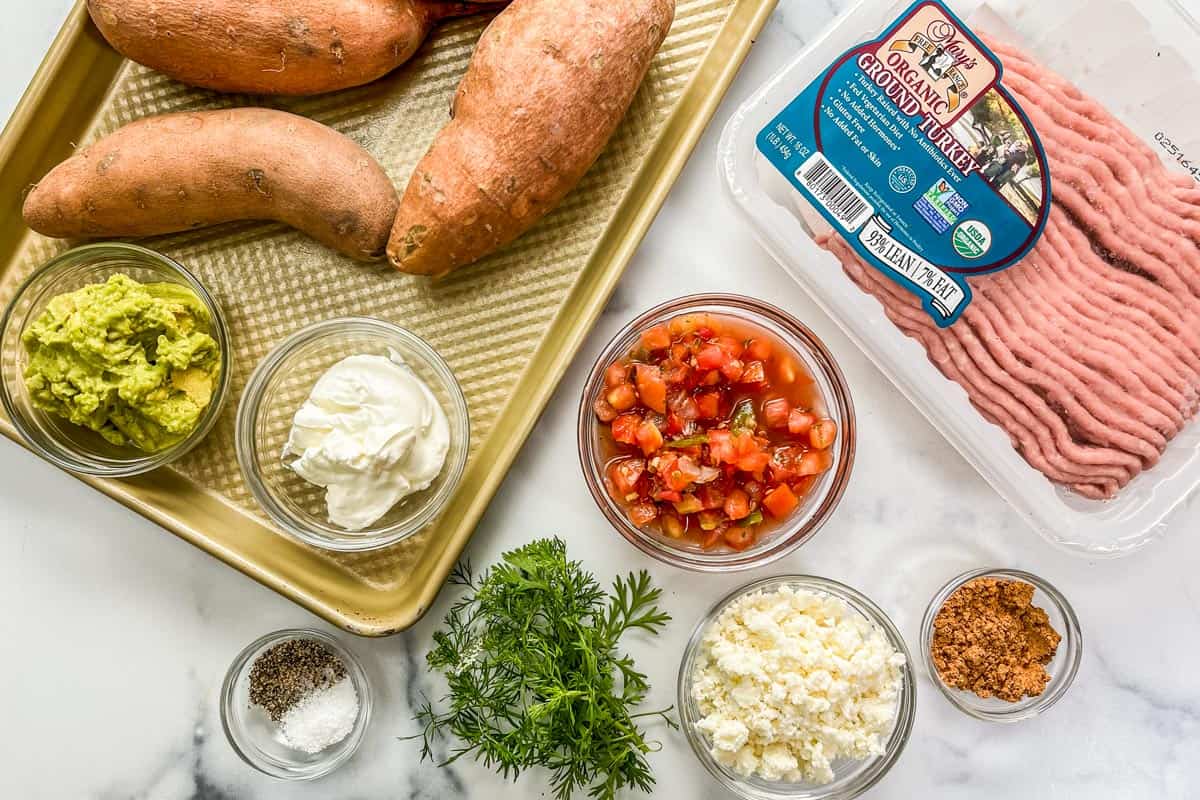 Ingredients for sweet potato ground turkey bowl.
