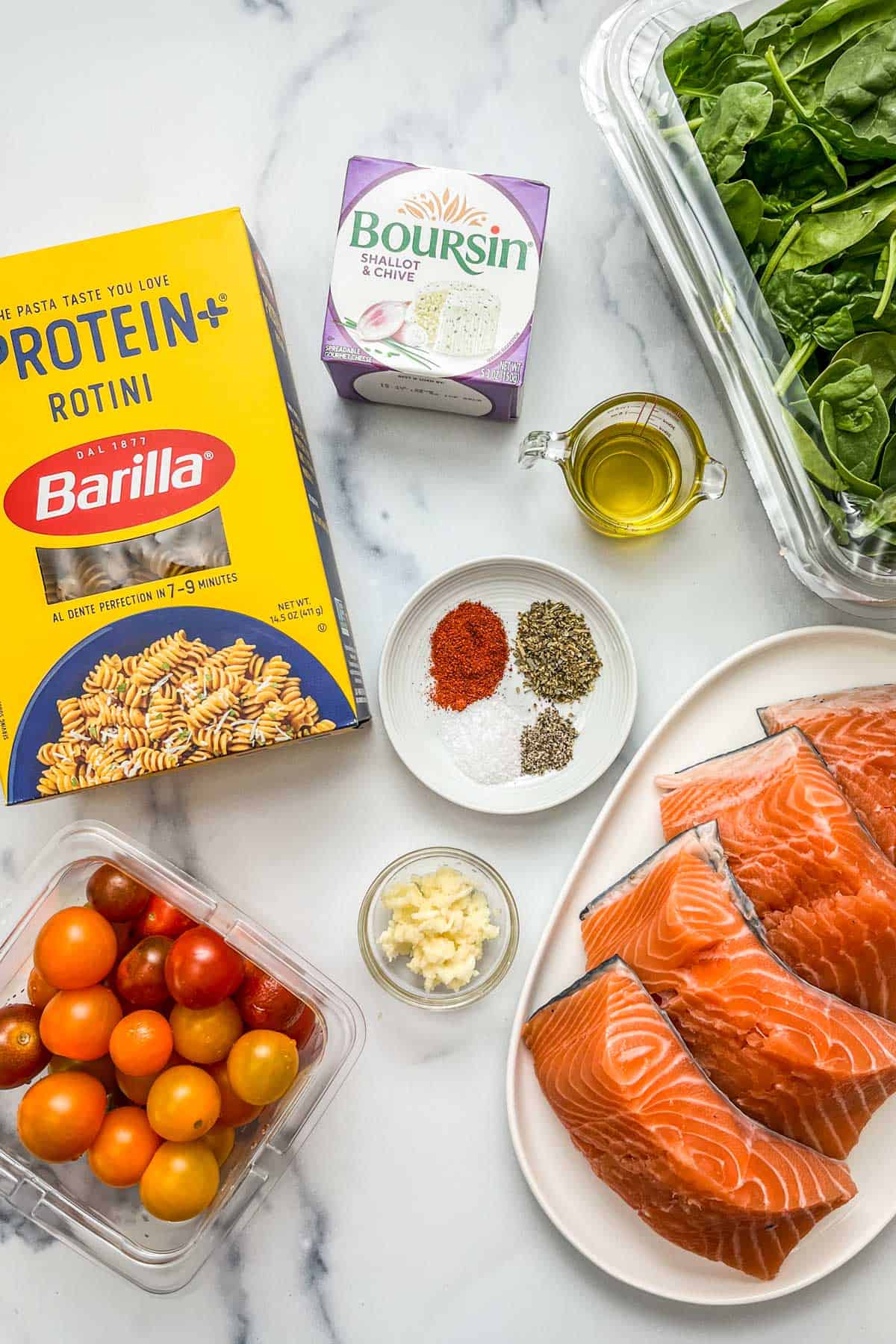 Ingredients for salmon boursin pasta.
