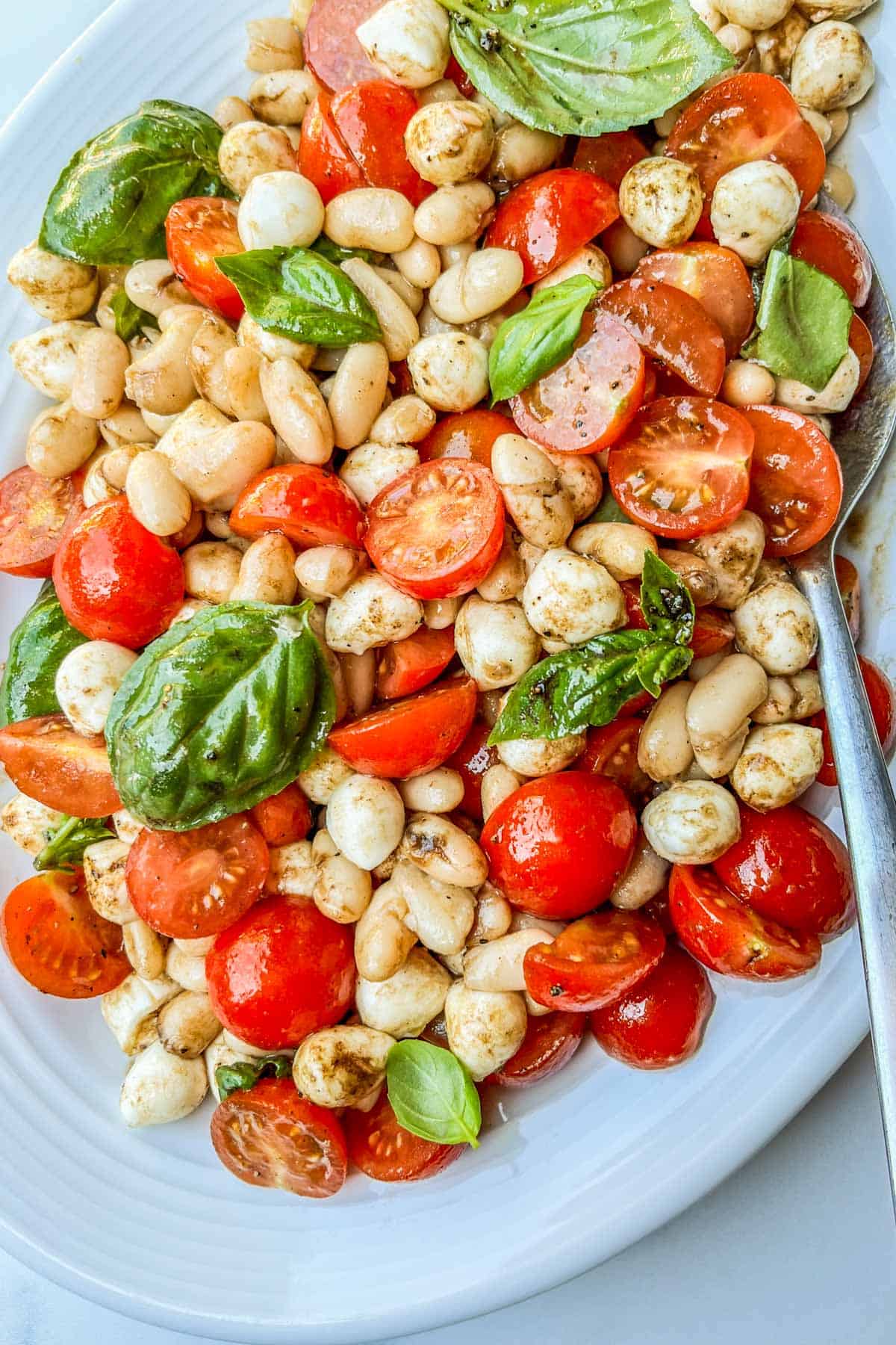 A closeup of a white bean caprese salad on a white platter.